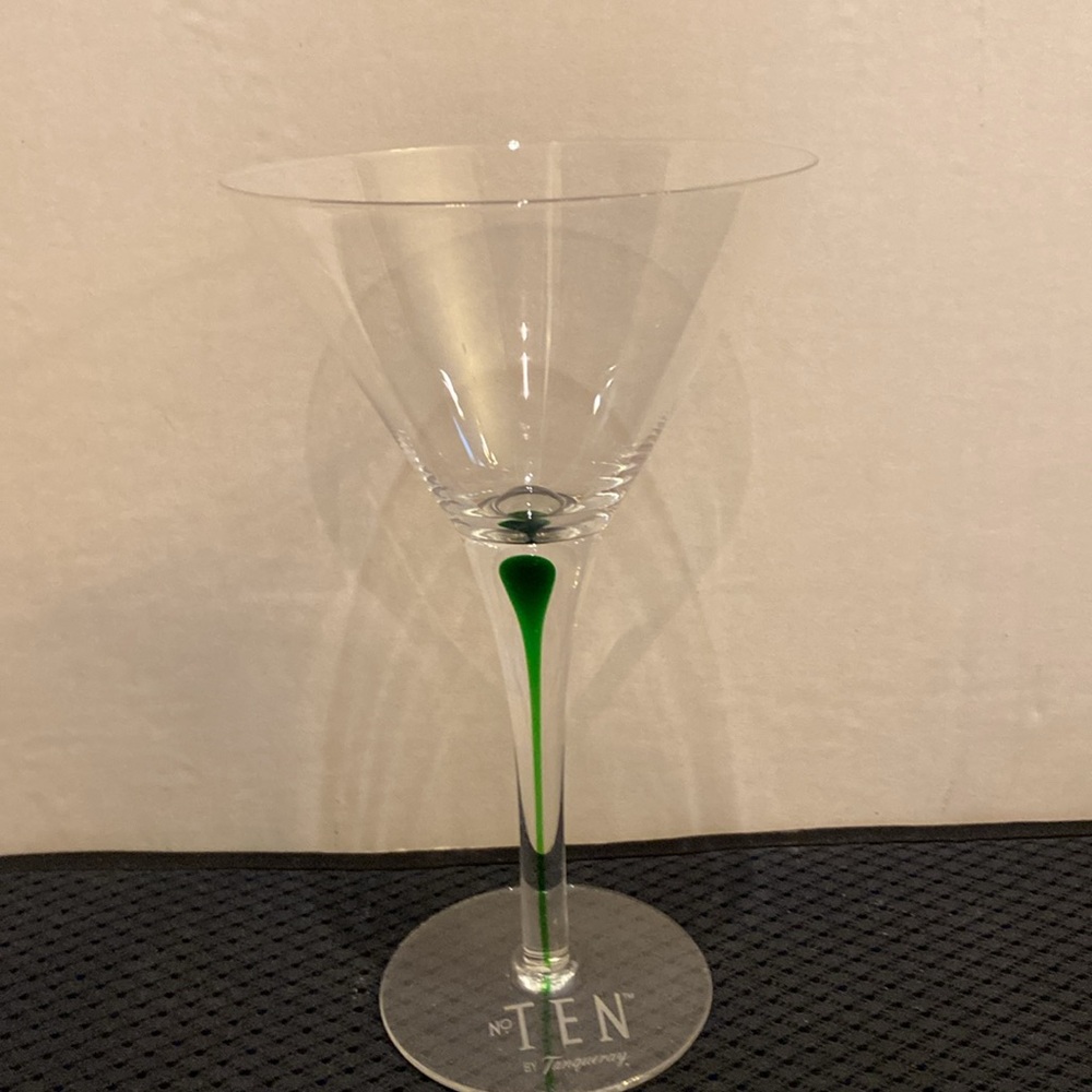 Martini Glass No. TEN by Tanqueray. Green filament long stem glass. Never used